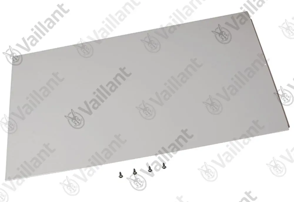 Vaillant Seitenblech in neutraler Farbe, flache rechteckige Form mit vier Schrauben unten, geeignet für Installationen in Heizungsanlagen.